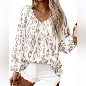 Leopard Print V-Neck Blouse XL | Boho Flowy Long Sleeve Neutral Top NEW